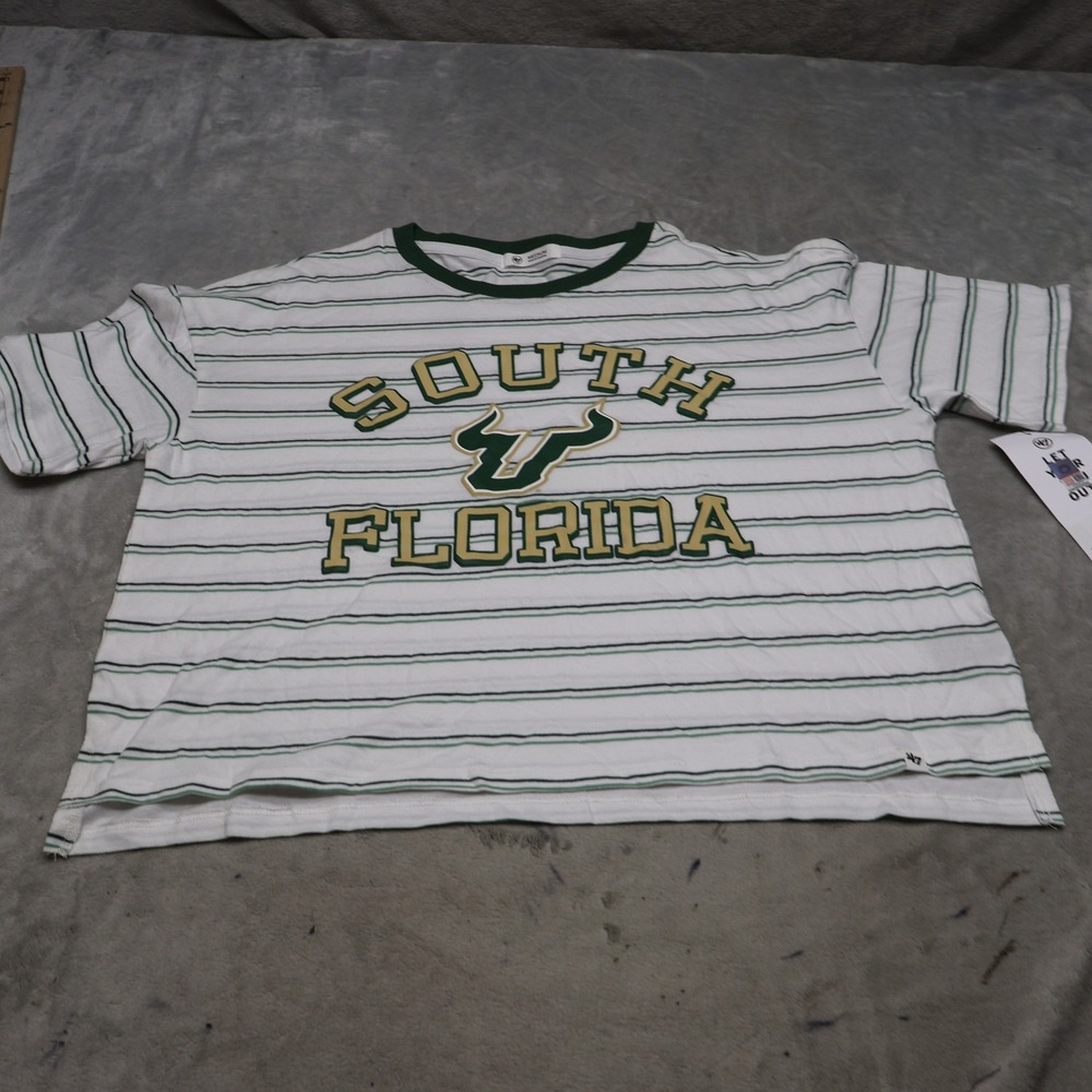 USF Bulls Shirt Womens Medium '47 White Striped NCAA Crop Short Sleeve $42 NEW